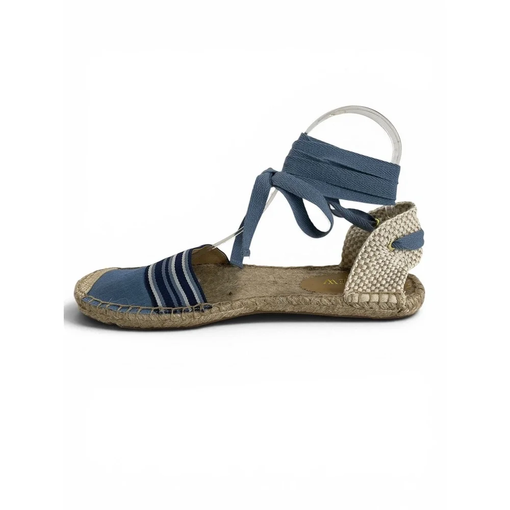 J.Crew Canvas Ankle Tie Espadrille Flats Womens‎ 8 Blue Chambray Stripe NWOB